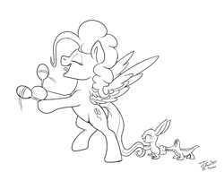 Size: 1500x1149 | Tagged: safe, artist:tsitra360, character:angel bunny, character:fluttershy, character:gummy, character:pinkie pie, species:pegasus, species:pony, species:rabbit, alligator, conga, conga line, fusion, lineart, mashup, monochrome