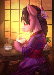 Size: 1920x2668 | Tagged: safe, artist:tsitra360, artist:vest, oc, oc only, oc:lotus inkstick, species:pony, braid, clothing, collaboration, commission, female, flower, flower in hair, hair over one eye, hoof hold, kimono (clothing), looking at you, looking back, looking back at you, mare, semi-anthro, sitting, smiling, smirk, solo