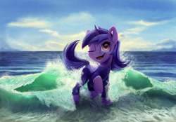 Size: 2000x1391 | Tagged: safe, artist:tsitra360, character:sea swirl, species:pony, species:unicorn, background pony, commission, cute, female, mare, ocean, one eye closed, open mouth, seadorable, smiley face, solo, wave, wetsuit, wink
