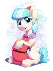 Size: 1128x1500 | Tagged: safe, artist:tsitra360, character:coco pommel, character:rarity, species:earth pony, species:pony, bag, cocobetes, cute, female, flower, flower in hair, happy, looking at you, mare, open mouth, plushie, sitting, smiling, solo