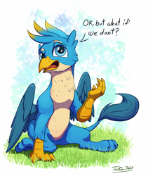 Size: 2000x2366 | Tagged: safe, artist:tsitra360, character:gallus, species:griffon, season 8, cheek fluff, chest fluff, cute, dialogue, gallabetes, grass, male, open mouth, reaction image, signature, sitting, solo, talking