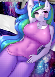 Size: 2144x3000 | Tagged: safe, alternate version, artist:twistedscarlett60, character:princess celestia, species:alicorn, species:anthro, species:pony, armpits, bed, big breasts, blushing, breasts, busty princess celestia, chest fluff, cleavage fluff, clothing, cute, cutelestia, ear fluff, eyeshadow, female, folded wings, looking at you, makeup, on bed, pajamas, shoulder fluff, solo, stupid sexy celestia, underwear, wings