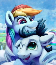Size: 2000x2317 | Tagged: safe, artist:tsitra360, character:rainbow dash, character:soarin', species:pegasus, species:pony, ship:soarindash, cloud, cute, female, floppy ears, grin, happy, high res, male, mare, one eye closed, open mouth, shipping, sky, smiling, stallion, straight