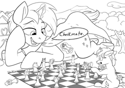 Size: 4625x3264 | Tagged: safe, artist:tsitra360, edit, oc, oc only, oc:snap feather, oc:star bright, species:pony, species:unicorn, checkmate, chess, chess piece, chessboard, chubby, cosmic wizard, forest, giant pony, houses, inanimate tf, macro, magic, male, micro, prone, size difference, stallion, transformation, village, wizard, wizard robe