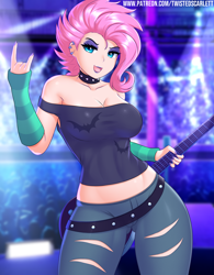 Size: 1248x1600 | Tagged: safe, artist:twistedscarlett60, character:fluttershy, species:human, episode:the road less scheduled, g4, my little pony: equestria girls, my little pony:equestria girls, spoiler:choose your own ending (season 2), spoiler:eqg series (season 2), breasts, busty fluttershy, choker, cleavage, clothing, devil horn (gesture), ear piercing, eyeshadow, female, flutterpunk, guitar, humanized, lidded eyes, lipstick, looking at you, makeup, metalshy, midriff, open mouth, piercing, rock, sexy, shirt, solo, spiked choker, the road less scheduled: fluttershy, torn clothes