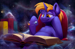 Size: 2500x1617 | Tagged: safe, artist:tsitra360, oc, oc:snap feather, oc:star bright, species:pony, species:unicorn, book, chubby, cook book, cosmic wizard, desk, giga giant, macro, macro/micro, male, micro, planet, pony bigger than a galaxy, pony bigger than a planet, pony bigger than a solar system, pony bigger than a star, pony bigger than a universe, pony heavier than a black hole, reading, sitting, size difference, space, sparkling eyes, stallion, stars, wizard
