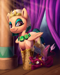 Size: 1500x1871 | Tagged: safe, artist:tsitra360, character:prince hisan, character:somnambula, character:sphinx, species:pegasus, species:pony, species:sphinx, g4, behaving like a cat, clothing, curtains, cute, duo, eyeshadow, female, glowpaz, looking at you, makeup, mare, micro, shrunk, size difference, smiling, socks, speedpaint available