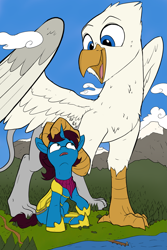 Size: 2567x3833 | Tagged: safe, artist:tinibirb, artist:tsitra360, edit, oc, oc only, oc:altus bastion, oc:der, species:griffon, species:pony, species:unicorn, armor, clothing, cloud, color edit, colored, commission, female, griffon oc, guardsmare, lake, macro, mare, royal guard, scarf, scenery, size difference, snow