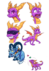 Size: 2000x2922 | Tagged: safe, artist:tsitra360, character:grogar, species:dragon, species:ram, crossover, curved horn, duo, gem, horn, male, simple background, spyro the dragon, sunglasses, surprised, white background, wings