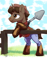Size: 1500x1871 | Tagged: safe, artist:tsitra360, oc, species:pony, species:unicorn, clothing, commission, cowboy hat, crossed hooves, farmer, fence, hat, pants, shovel, smiling, solo