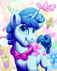 Size: 2000x2475 | Tagged: safe, artist:tsitra360, character:party favor, species:pony, species:unicorn, balloon, balloon animal, brian (balloon animal), cutie mark, grin, looking at you, male, smiling, solo, stallion