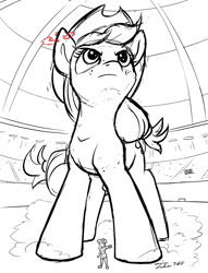 Size: 2000x2611 | Tagged: safe, artist:tsitra360, character:apple bloom, character:applejack, species:earth pony, species:human, species:pony, black and white, clothing, cowboy hat, crossover, dynamax, giant pony, grayscale, hat, humanized, lineart, macro, monochrome, nintendo, pokemon sword and shield, pokémon, stadium, stetson, trainer, video game crossover