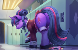 Size: 2500x1623 | Tagged: safe, artist:tsitra360, character:princess cadance, character:twilight sparkle, character:twilight sparkle (scitwi), species:pony, species:unicorn, my little pony:equestria girls, butt, caught, clothing, crystal prep academy uniform, duo, equestria girls ponified, female, lockers, mare, micro, pegasus cadance, pleated skirt, plot, ponified, principal cadance, school uniform, sci-twibutt, skirt, socks, tail, tail pull, technically an upskirt shot, twibutt, unicorn sci-twi
