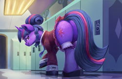 Size: 2500x1623 | Tagged: safe, alternate version, artist:tsitra360, character:twilight sparkle, character:twilight sparkle (scitwi), species:pony, species:unicorn, my little pony:equestria girls, alternate hairstyle, butt, caught, clothing, crystal prep academy uniform, equestria girls ponified, female, glasses, lockers, mare, pleated skirt, plot, ponified, school uniform, sci-twibutt, skirt, socks, solo, technically an upskirt shot, twibutt, unicorn sci-twi