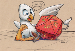 Size: 2483x1685 | Tagged: safe, artist:tsitra360, oc, oc:der, oc:thumbtack, species:griffon, angry, cheating, d20, dungeons and dragons, griffon oc, micro, ogres and oubliettes, pen and paper rpg, ponyfinder, pushing, rpg, small, straining, tabletop gaming, tiny, traditional art