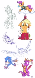 Size: 1280x2822 | Tagged: safe, artist:tsitra360, character:applejack, character:princess luna, character:rainbow dash, character:scootaloo, character:sonic the hedgehog, species:alicorn, species:dragon, species:earth pony, species:pegasus, species:pony, gamer luna, bubblegum, clothing, cloud, crossover, farm, floppy ears, food, giant pony, growth, gum, headphones, hoodie, lugia, macro, nintendo switch, pokémon, rainbow crash, simple background, size difference, sketch, sketch dump, sonic the hedgehog (series), spyro the dragon, tangible heavenly object, toxtricity, transparent moon, underhoof, white background