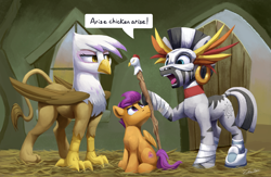Size: 4938x3220 | Tagged: safe, artist:tsitra360, character:gilda, character:scootaloo, character:zecora, species:griffon, species:pegasus, species:pony, species:zebra, aqua teen hunger force, billywitchdoctor.com, commission, female, filly, high res, mask, scootachicken, scootaloo is not amused, sitting, staff, unamused