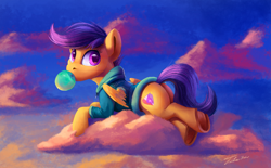 Size: 2200x1364 | Tagged: safe, artist:tsitra360, character:scootaloo, species:pegasus, species:pony, bubblegum, clothing, cloud, female, filly, foal, food, gum, looking at you, looking back, looking back at you, prone, signature, solo, underhoof