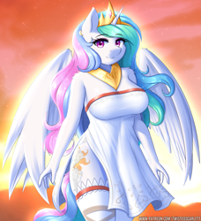 Size: 1459x1600 | Tagged: safe, alternate version, artist:twistedscarlett60, character:princess celestia, species:alicorn, species:anthro, g4, beautisexy, breasts, busty princess celestia, clothing, crown, dress, eyebrows, eyebrows visible through hair, eyeshadow, female, jewelry, lingerie, looking at you, makeup, mare, pink eyeshadow, regalia, sexy, side slit, smiling, smiling at you, solo, stupid sexy celestia, sunrise