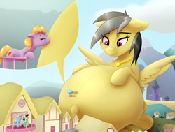 Size: 4986x3769 | Tagged: safe, artist:09hankris, artist:tsitra360, character:daring do, oc, species:earth pony, species:pegasus, species:pony, airship, fanfic art, female, giant pony, giantess, house, huge belly, hyper, hyper belly, hyper pregnancy, impossibly large belly, macro, male, mare, mountain, pregnant, stallion, zeppelin