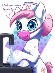 Size: 1500x1974 | Tagged: safe, artist:tsitra360, character:nurse redheart, species:earth pony, species:pony, bipedal, clothing, coronavirus, covid-19, dialogue, face mask, faucet, female, hat, heart, looking at you, mare, nurse hat, public service announcement, soap, solo, surgical mask, talking to viewer, water