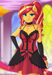 Size: 1114x1600 | Tagged: safe, artist:twistedscarlett60, character:sunset shimmer, species:anthro, species:pony, species:unicorn, alternate hairstyle, bare shoulders, blurred background, breasts, chest fluff, choker, clothing, cute, detached sleeves, dress, ear fluff, female, floppy ears, gothic lolita, lolita fashion, looking at you, mare, ponytail, ribbon, ruffles, shimmerbetes, shoulder fluff, smiling, solo