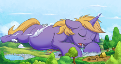 Size: 5000x2631 | Tagged: safe, artist:tsitra360, oc, oc only, oc:pan sizzle, oc:snap feather, oc:star bright, species:earth pony, species:pony, species:unicorn, absurd resolution, belly, chubby, city, cloud, cosmic wizard, destruction, drool, eyes closed, floppy ears, giant pony, macro, male, mega giant, micro, open mouth, scenery, stallion, tree, water, wizard
