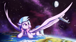 Size: 4112x2281 | Tagged: safe, artist:tsitra360, character:silverstream, species:classical hippogriff, species:hippogriff, atmosphere, commission, cute, diastreamies, equestria, female, giant hippogriff, giant/macro hippogriff, giantess, giga giant, gigastream, high res, macro, moon, ocean, planet, scenery, scenery porn, spaceship