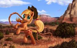 Size: 1024x642 | Tagged: safe, artist:tsitra360, character:applejack, species:phoenix, species:pony, canyon, female, lasso, mouth hold, rearing, rope, scenery, solo