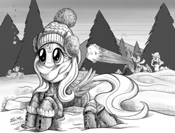 Size: 1500x1142 | Tagged: safe, artist:tsitra360, character:fluttershy, character:pinkie pie, character:rainbow dash, boots, clothing, earmuffs, hat, monochrome, scarf, snow, snowball, snowball fight, this will end in tears, throwing things at fluttershy, unaware, winter