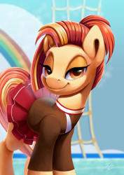 Size: 1554x2200 | Tagged: safe, artist:tsitra360, character:shimmy shake, species:earth pony, species:pony, cheerleader, clothing, female, lidded eyes, looking at you, mare, smiling, solo