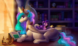 Size: 2200x1312 | Tagged: safe, artist:tsitra360, character:princess celestia, character:twilight sparkle, character:twilight sparkle (unicorn), species:alicorn, species:pony, species:unicorn, g4, blank flank, book, bookshelf, butt, cute, cutelestia, cutie mark, female, filly, filly twilight sparkle, hoers, indoors, looking back, lying down, magic, momlestia, plot, ponies riding ponies, profile, prone, reading, riding, size difference, smiling, sunbutt, teacher and student, telekinesis, twiabetes, twily, younger