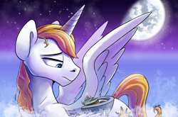 Size: 6022x3973 | Tagged: safe, artist:tsitra360, character:prince blueblood, species:alicorn, species:pony, canterlot, cloud, cloudy, giant alicorn, giant pony, king, macro, mega giant, moon, space, stars
