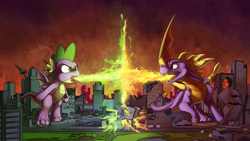 Size: 4813x2708 | Tagged: safe, artist:tsitra360, character:spike, character:twilight sparkle, species:dragon, beam struggle, city, crossover, destruction, fight, fire, giant dragon, macro, size difference, sparx the dragonfly, spyro the dragon, winged spike