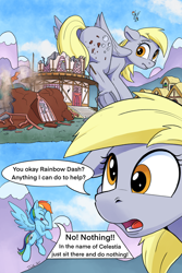 Size: 2000x3000 | Tagged: safe, artist:tsitra360, character:derpy hooves, character:rainbow dash, species:pegasus, species:pony, comic:the last roundup resized, episode:the last roundup, g4, my little pony: friendship is magic, butt, comic, destruction, female, floppy ears, frog (hoof), giant derpy hooves, giant pegasus, giant pony, giantess, i just don't know what went wrong, macro, open mouth, ponyville, scene interpretation, town hall, underhoof