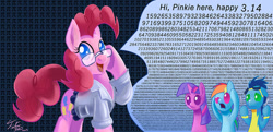 Size: 1024x496 | Tagged: safe, artist:tsitra360, character:pinkie pie, character:rainbow dash, character:soarin', character:twilight sparkle, glasses, pi, pi day, silverware, text, wall of text