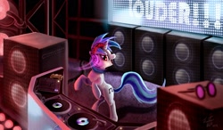 Size: 2166x1269 | Tagged: safe, artist:tsitra360, character:dj pon-3, character:vinyl scratch, equestrian innovations, female, headphones, solo, speakers