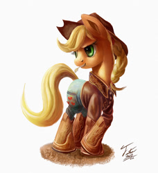 Size: 800x879 | Tagged: safe, artist:tsitra360, character:applejack, alternate hairstyle, boots, braid, clothing, crossed hooves, female, hoof boots, jeans, solo, straw