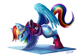 Size: 1200x843 | Tagged: safe, artist:tsitra360, character:rainbow dash, species:pegasus, species:pony, female, headband, hooves, horseshoes, mp3 player, push-ups, solo, sweat, wing-ups, workout