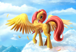 Size: 1920x1318 | Tagged: safe, artist:tsitra360, character:fluttershy, cloud, cloudy, dock, female, flying, plot, solo