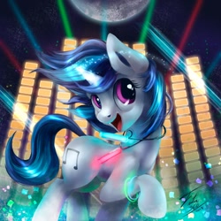 Size: 600x600 | Tagged: safe, artist:tsitra360, character:dj pon-3, character:vinyl scratch, species:pony, species:unicorn, equalizer, female, glowstick, jewelry, mare, necklace, open mouth, signature, solo