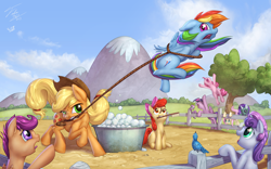 Size: 1920x1200 | Tagged: safe, artist:tsitra360, artist:vest, character:apple bloom, character:applejack, character:fluttershy, character:pinkie pie, character:rainbow dash, character:rarity, character:scootaloo, character:spike, character:sweetie belle, character:twilight sparkle, character:twilight sparkle (alicorn), species:alicorn, species:pegasus, species:pony, bath, bathing, brush, bubble, clothespin, cute, cutie mark crusaders, explosive collaboration, female, fence, forced bathing, gas mask, hilarious in hindsight, lasso, mane seven, mane six, mare, mountain, outdoors, rope, tree