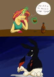 Size: 1280x1810 | Tagged: safe, artist:pasu-chan, character:sunset shimmer, oc, oc:krickis, species:anthro, species:pony, species:rabbit, fanfic:finding home, series:who we become, g4, alcohol, bar, dialogue, fanfic, female, females only, mare, quill