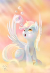 Size: 600x875 | Tagged: safe, artist:tsitra360, character:derpy hooves, species:pegasus, species:pony, bubble, cloud, cloudy, cute, derpabetes, female, mare, muffin, solo, weapons-grade cute