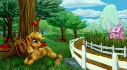 Size: 1920x1070 | Tagged: safe, artist:tsitra360, character:applejack, species:earth pony, species:pony, apple, apple tree, bucket, corn, farm, female, grass, hatless, mare, missing accessory, mountain, photoshop, prone, sir isaac newton, smiling, solo, sweet apple acres, tree