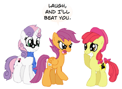 Size: 1695x1247 | Tagged: safe, artist:boulderthedragon, character:apple bloom, character:scootaloo, character:sweetie belle, species:earth pony, species:pegasus, species:pony, species:unicorn, adult, angry, clothing, cutie mark, cutie mark crusaders, female, glasses, hat, mare, older, older apple bloom, older scootaloo, older sweetie belle, scarf, scootachicken, simple background, transparent background