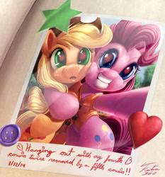 Size: 900x964 | Tagged: safe, artist:tsitra360, character:applejack, character:pinkie pie, species:pony, ship:applepie, episode:pinkie apple pie, g4, my little pony: friendship is magic, :o, bipedal, cute, detailed, female, grin, hips, hug, lesbian, lifejacket, open mouth, red eye, shipping, smiling