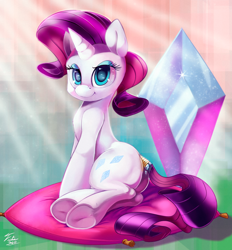 Size: 900x968 | Tagged: safe, artist:tsitra360, character:rarity, diamond, female, flank, looking at you, on side, pillow, plot, sitting, smiling, solo, tail wrap, underhoof