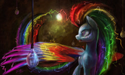 Size: 1200x720 | Tagged: safe, artist:tsitra360, character:rainbow dash, electricity, female, lightbulb, long mane, open mouth, rainbow power, solo, spread wings, wings