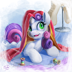 Size: 900x900 | Tagged: safe, artist:tsitra360, character:sweetie belle, species:pony, species:unicorn, cute, diasweetes, fabric, female, filly, foal, mannequin, needle, rainbow thread, solo, thread